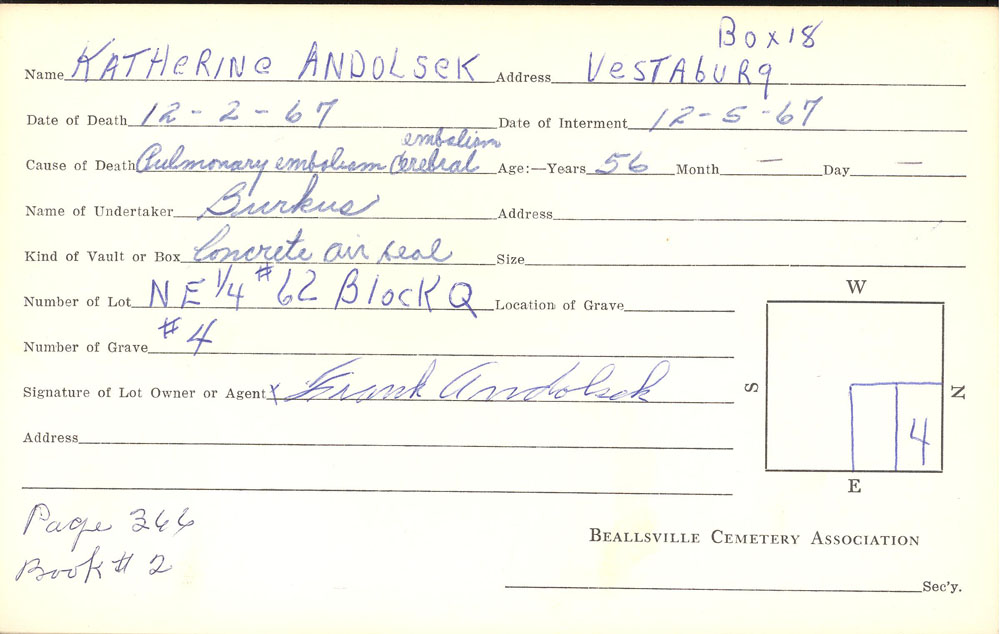 Catherine Andolske burial card
